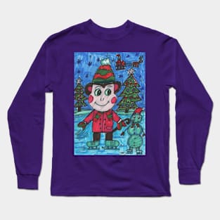 Funny Monkey and a Snowman Long Sleeve T-Shirt